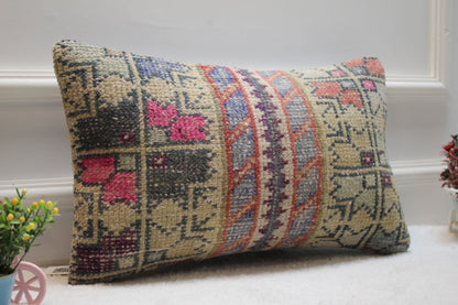 Handmade Turkish Rug Lumbar Pillow: Organic Wool Throw Pillow Case (12x20 inc)