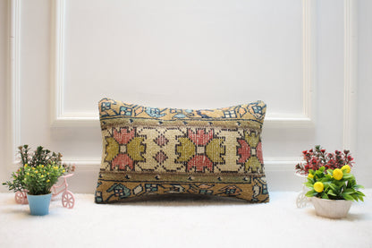Floral Kilim Pillow Cover: Handmade Turkish Rug Lumbar Pillow, 12x20