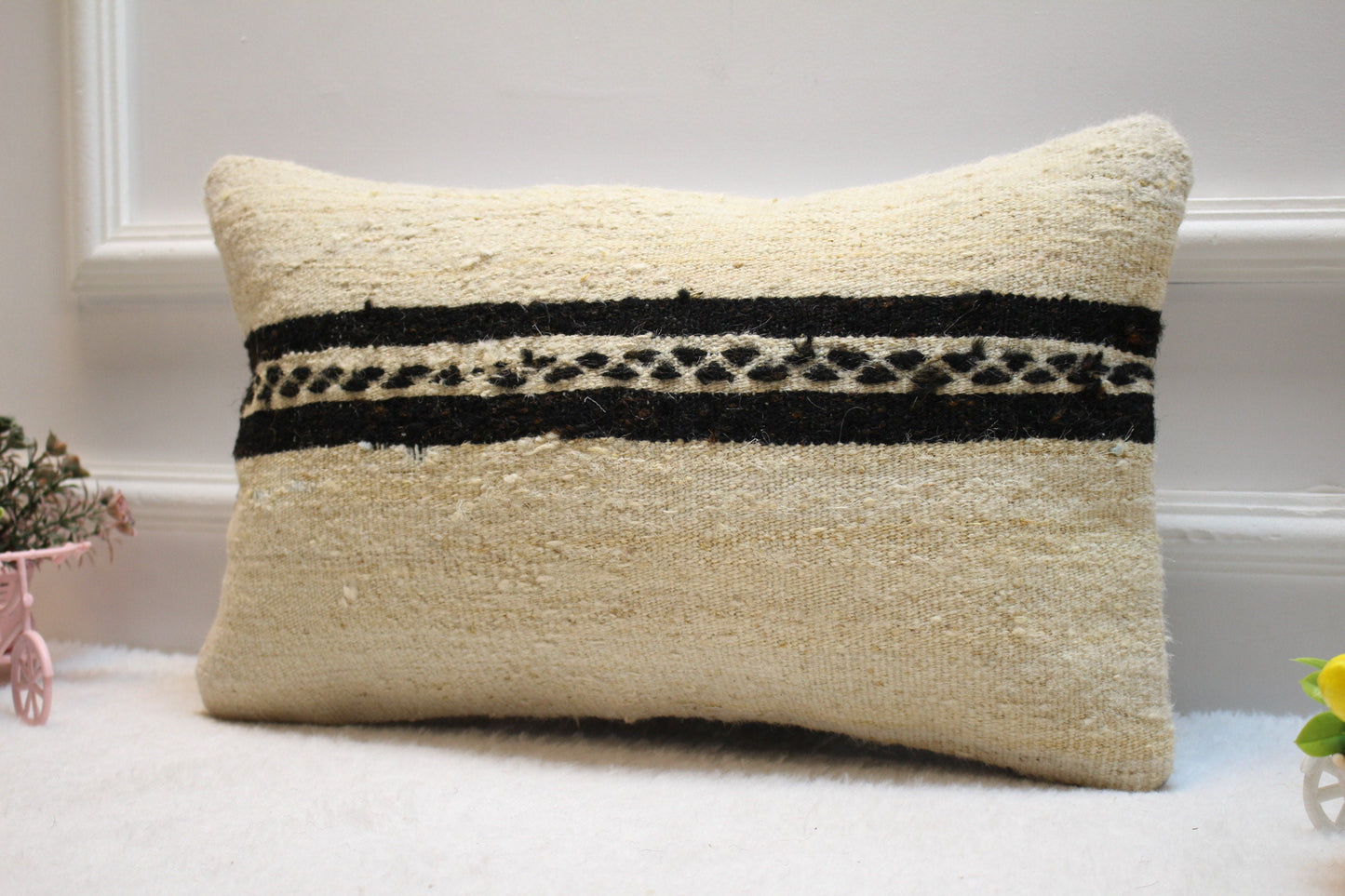 Handmade Kilim Pillow Cover: Upcycled Woven Rug, White & Black (12x20 in)
