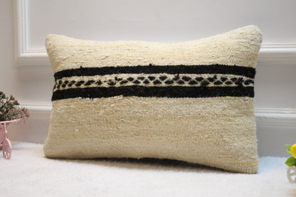 Handmade Kilim Pillow Cover: Upcycled Woven Rug, White & Black (12x20 in)