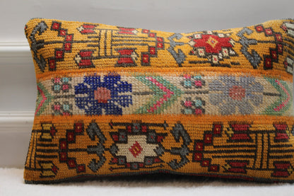 Handmade Turkish Rug Lumbar Pillow Cover: Organic Wool, Bohemian Decor (12x20 inc.)