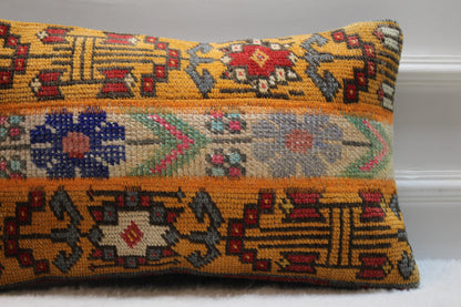 Handmade Turkish Rug Lumbar Pillow Cover: Organic Wool, Bohemian Decor (12x20 inc.)
