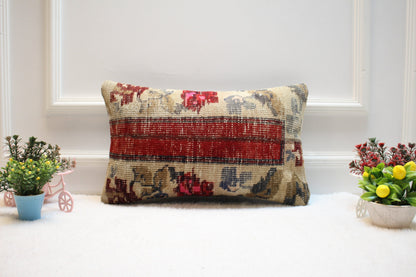 Handmade Red Turkish Rug Pillow Cover: Patchwork Wool Lumbar Pillow (12x20 in)