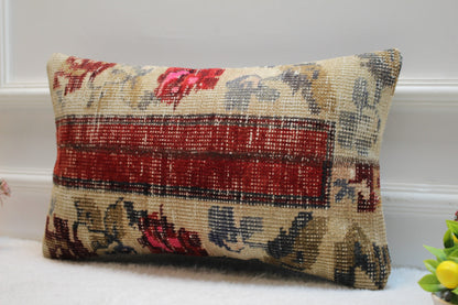 Handmade Red Turkish Rug Pillow Cover: Patchwork Wool Lumbar Pillow (12x20 in)