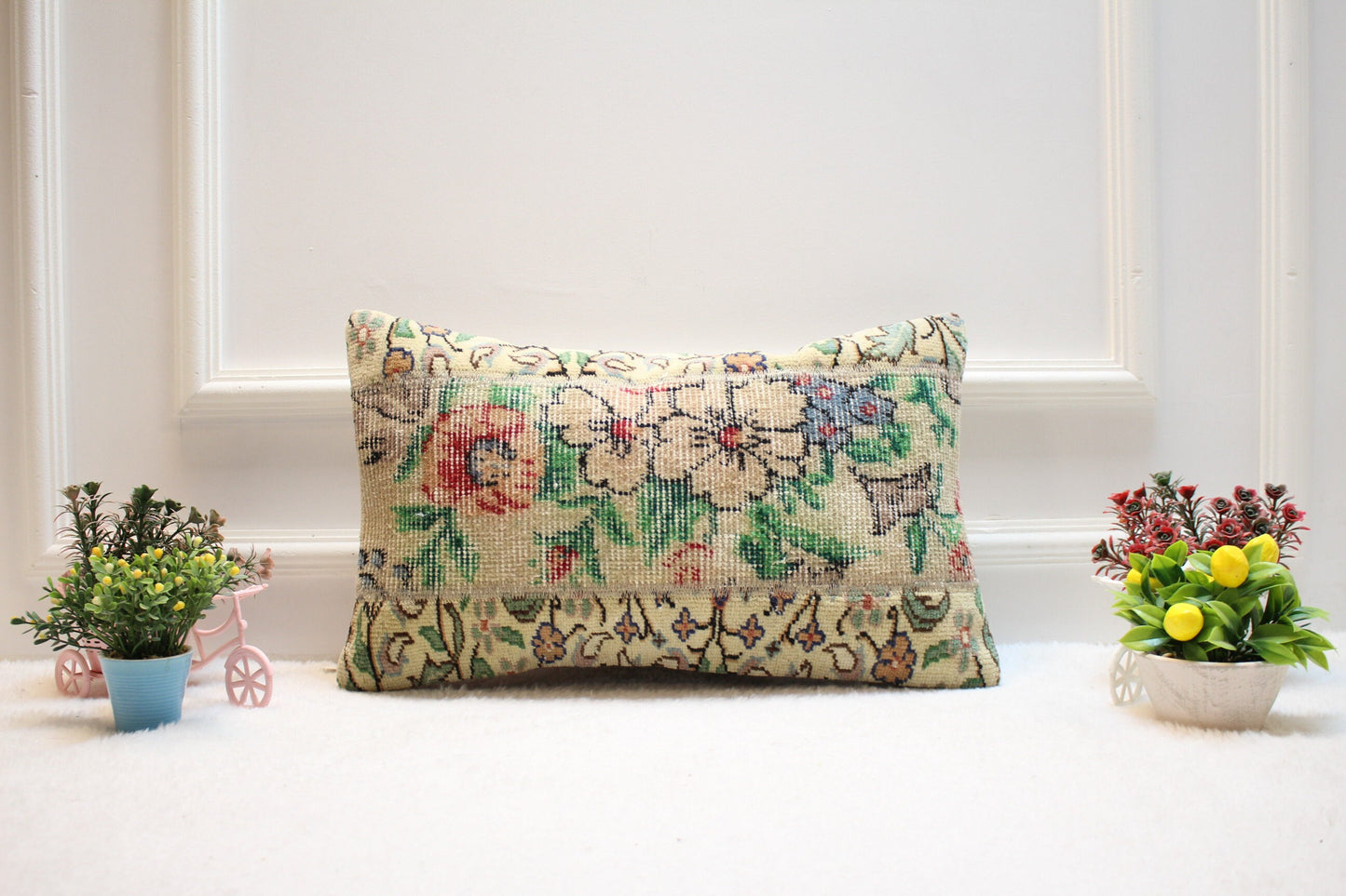 Floral Turkish Rug Lumbar Pillow Cover: Handmade Organic Wool, 12x20