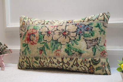 Floral Turkish Rug Lumbar Pillow Cover: Handmade Organic Wool, 12x20