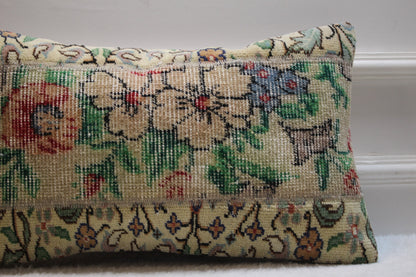 Floral Turkish Rug Lumbar Pillow Cover: Handmade Organic Wool, 12x20