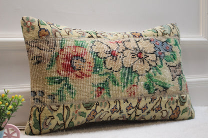 Floral Turkish Rug Lumbar Pillow Cover: Handmade Organic Wool, 12x20