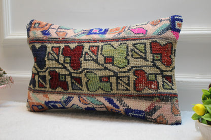 Vintage Turkish Rug Lumbar Pillow Cover: Handmade Kilim, 12x20 inch