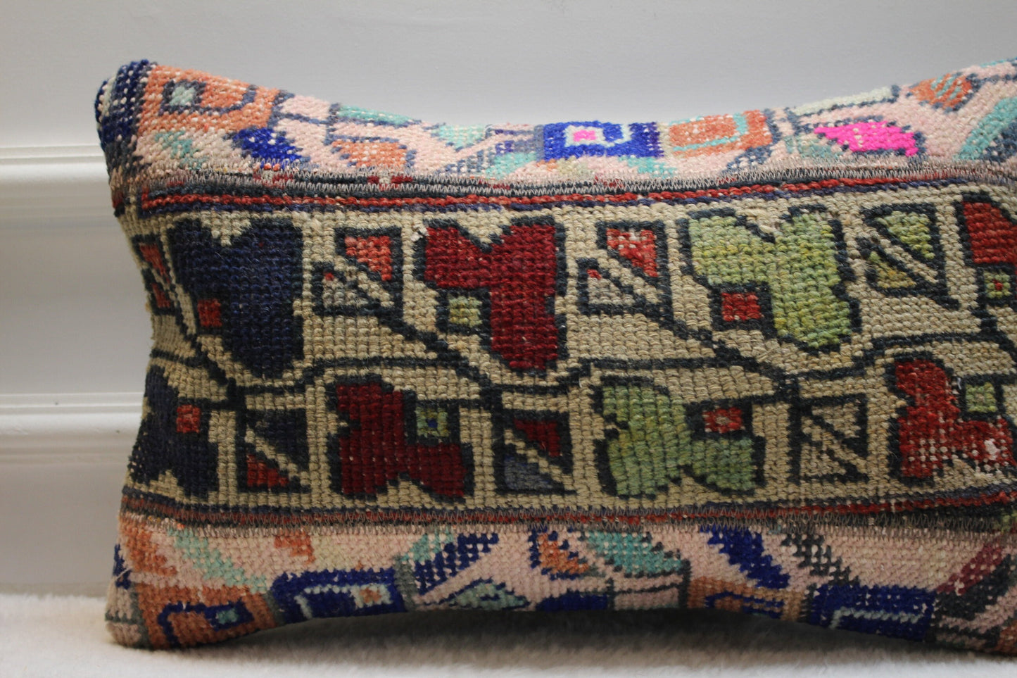 Vintage Turkish Rug Lumbar Pillow Cover: Handmade Kilim, 12x20 inch