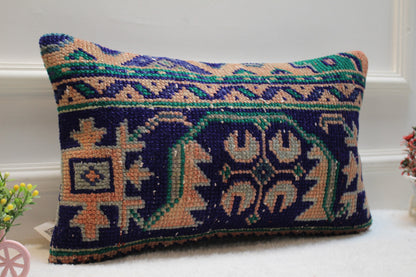 Handmade Turkish Rug Lumbar Pillow Cover: Vintage Wool, 12x20 inch