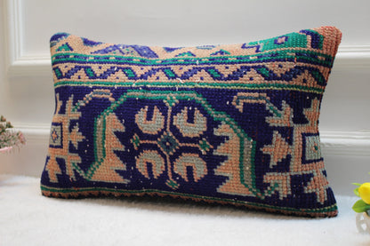 Handmade Turkish Rug Lumbar Pillow Cover: Vintage Wool, 12x20 inch