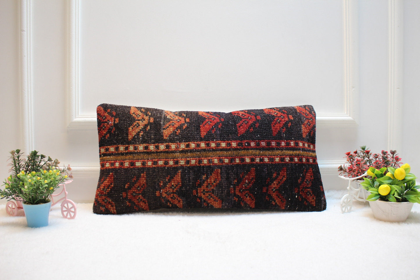 Vintage Turkish Kilim Pillow Cover: 12x24 inch, Upcycled Wool Lumbar Pillow