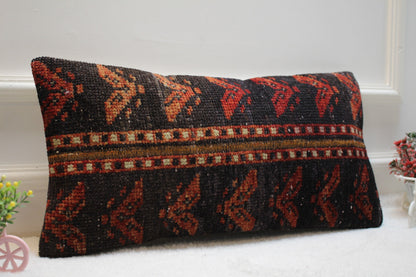 Vintage Turkish Kilim Pillow Cover: 12x24 inch, Upcycled Wool Lumbar Pillow
