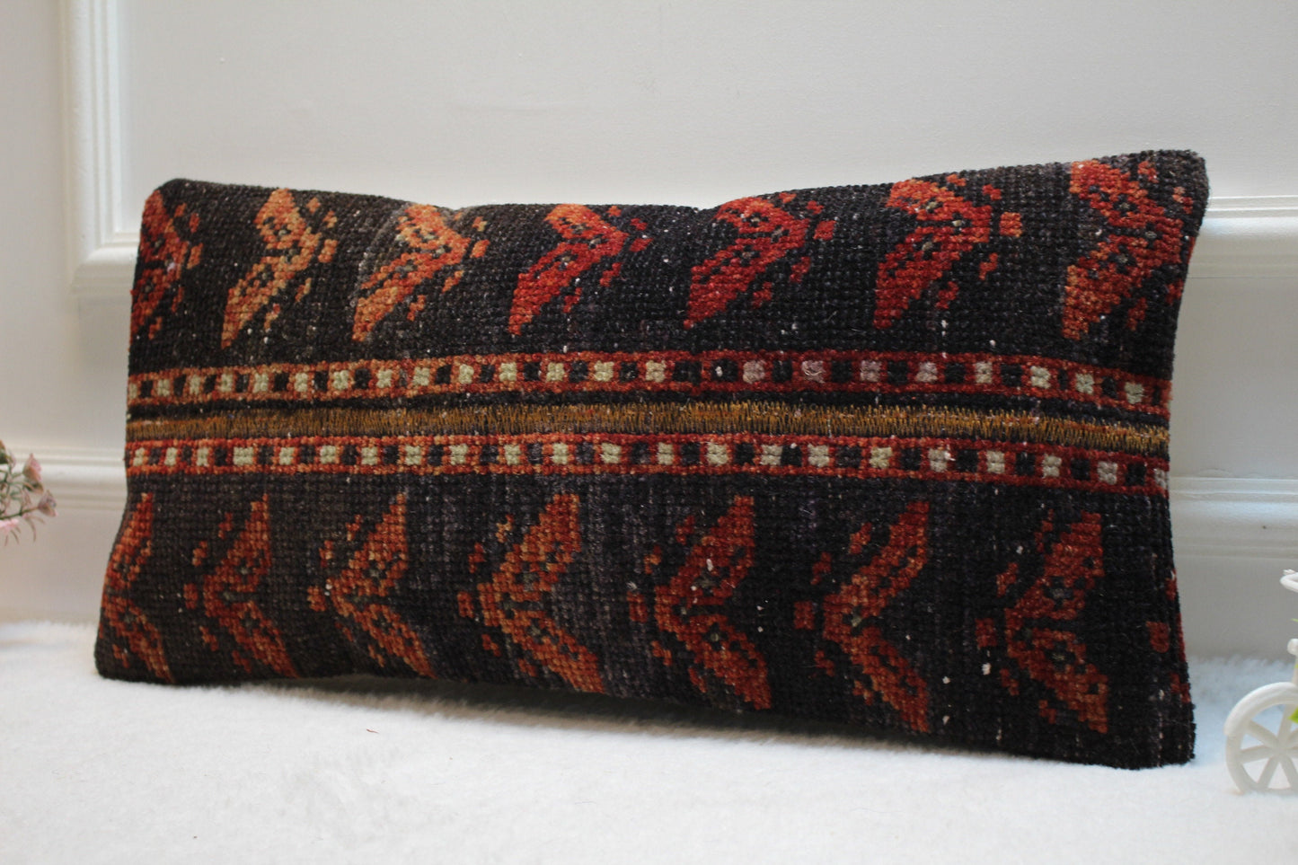 Vintage Turkish Kilim Pillow Cover: 12x24 inch, Upcycled Wool Lumbar Pillow