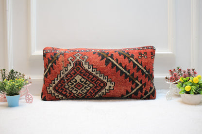 Geometric Turkish Rug Pillow Cover: Handmade Wool Lumbar Pillow (12x24 in)