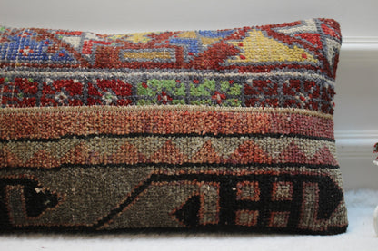 Rainbow Turkish Rug Pillow Cover: Vintage Wool Lumbar Pillow, 12x24 inch
