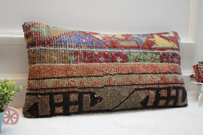 Rainbow Turkish Rug Pillow Cover: Vintage Wool Lumbar Pillow, 12x24 inch