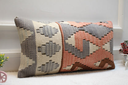 Modern Geometric Kilim Pillow – Handmade 12x24” Wool Lumbar Cover
