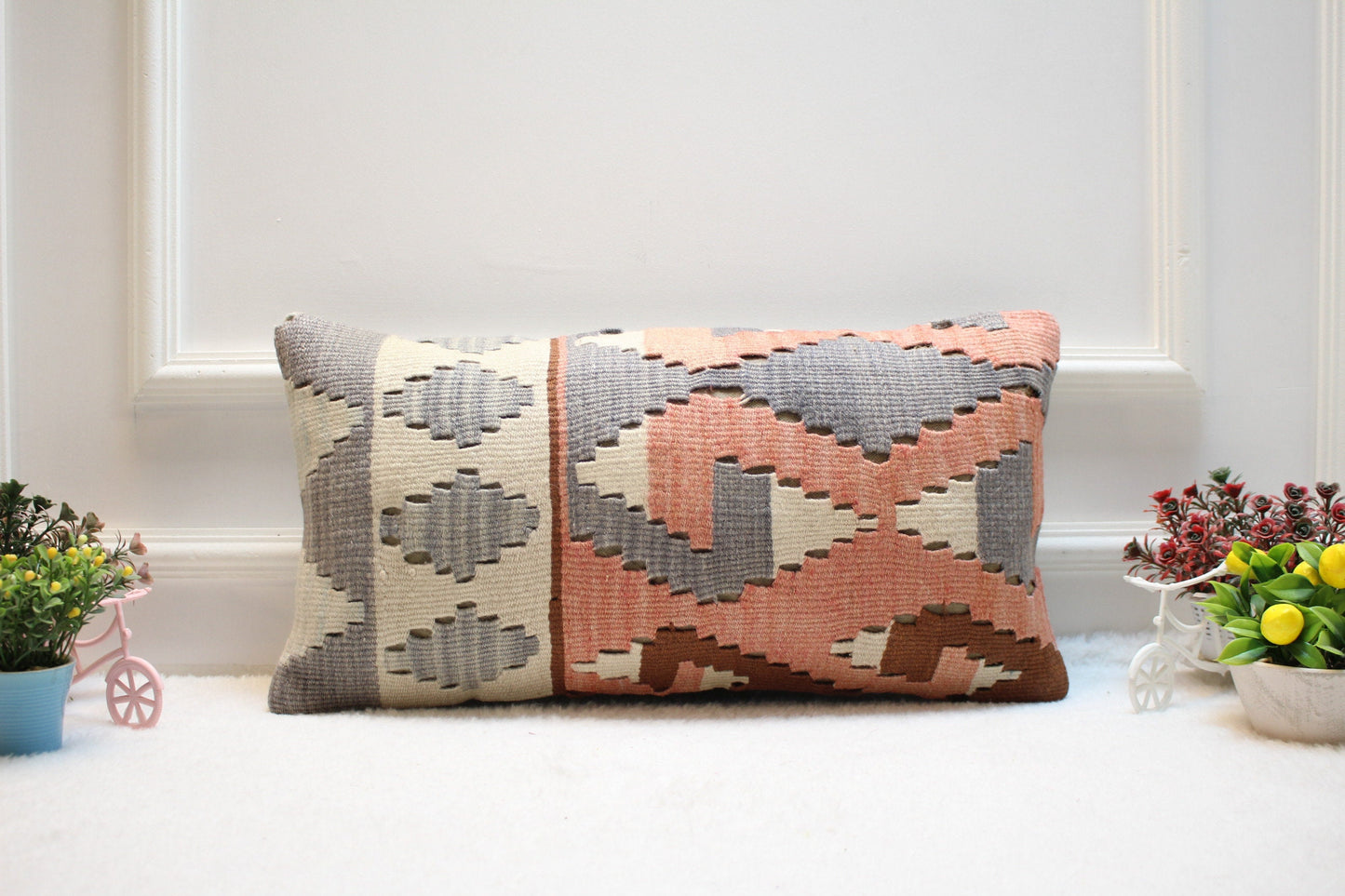 Modern Geometric Kilim Pillow – Handmade 12x24” Wool Lumbar Cover