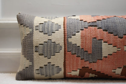 Modern Geometric Kilim Pillow – Handmade 12x24” Wool Lumbar Cover