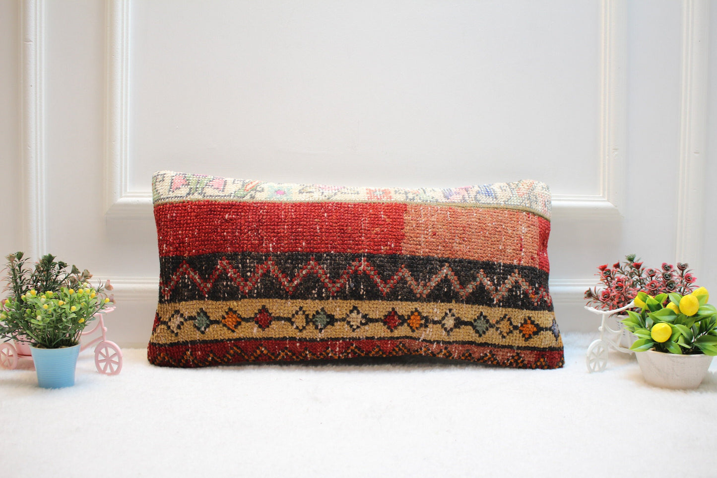 Boho Lumbar Kilim Pillow – 12x24” Handmade Cushion from Upcycled Turkish Rug