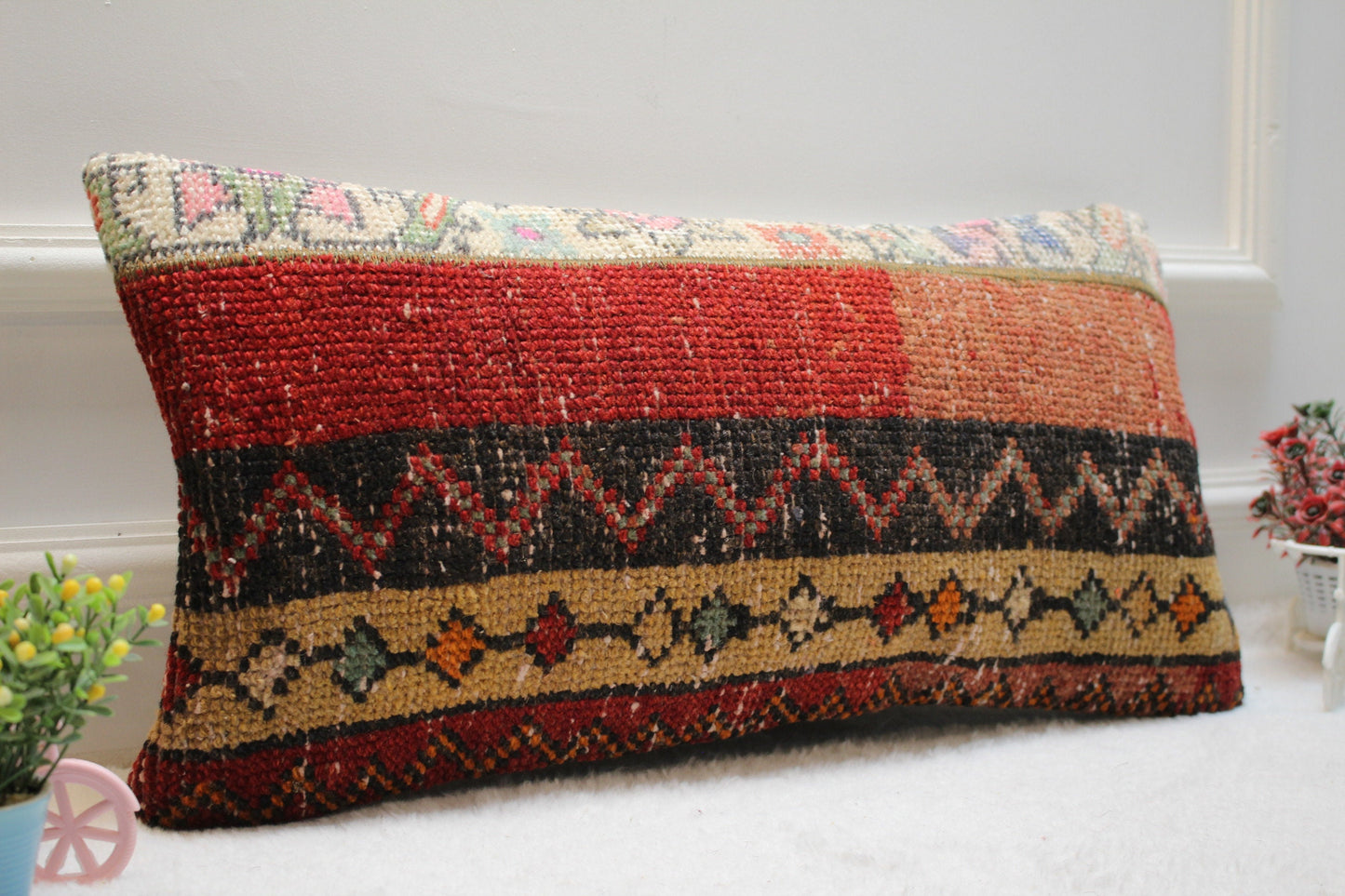 Boho Lumbar Kilim Pillow – 12x24” Handmade Cushion from Upcycled Turkish Rug