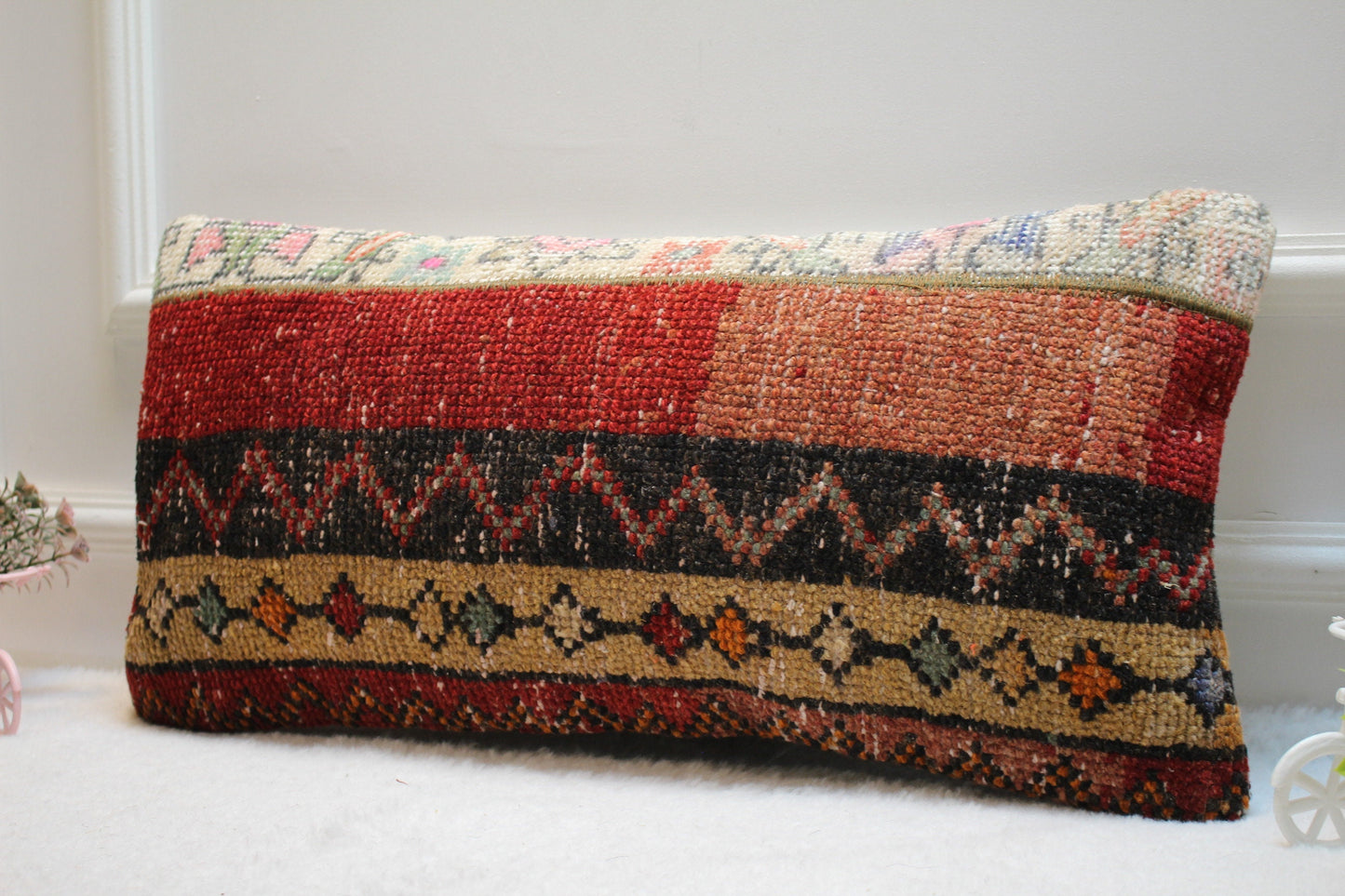 Boho Lumbar Kilim Pillow – 12x24” Handmade Cushion from Upcycled Turkish Rug