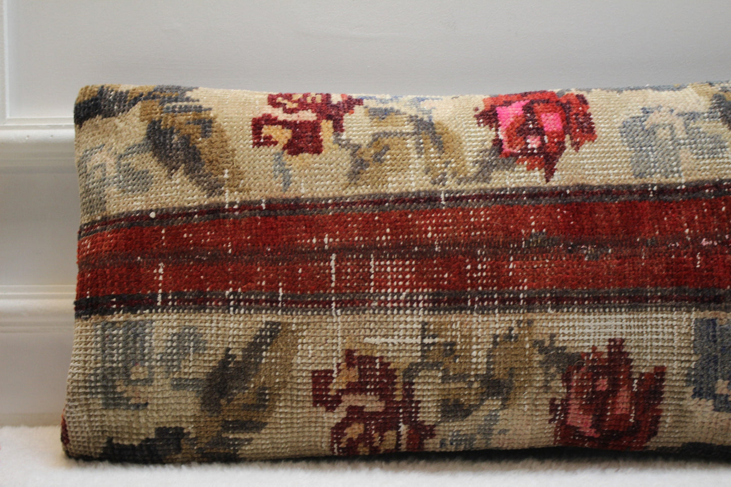 Handcrafted 12x24” Red Patchwork Turkish Rug Pillow | Wool Lumbar Boho Decor