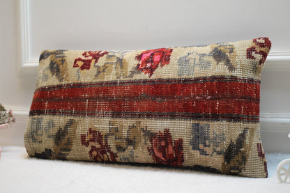Handcrafted 12x24” Red Patchwork Turkish Rug Pillow | Wool Lumbar Boho Decor