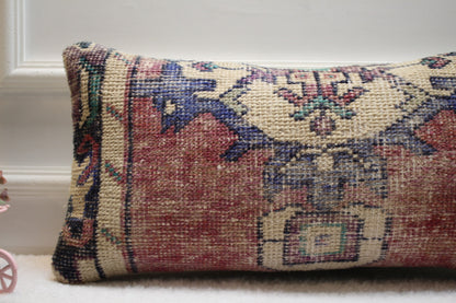Lumbar Turkish Rug Pillow Cover: Upcycled Wool, Bohemian Home Decor (12x24 in)