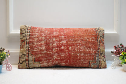 Handmade Kilim Pillow Cover: Vintage Wool Rug, Red Beige (12x24 inc)