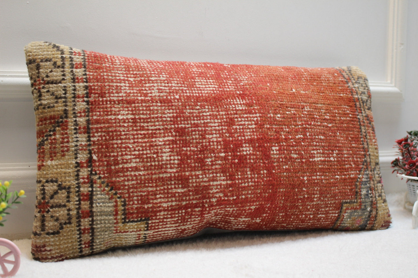 Handmade Kilim Pillow Cover: Vintage Wool Rug, Red Beige (12x24 inc)