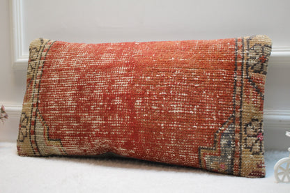 Handmade Kilim Pillow Cover: Vintage Wool Rug, Red Beige (12x24 inc)