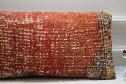 Handmade Kilim Pillow Cover: Vintage Wool Rug, Red Beige (12x24 inc)