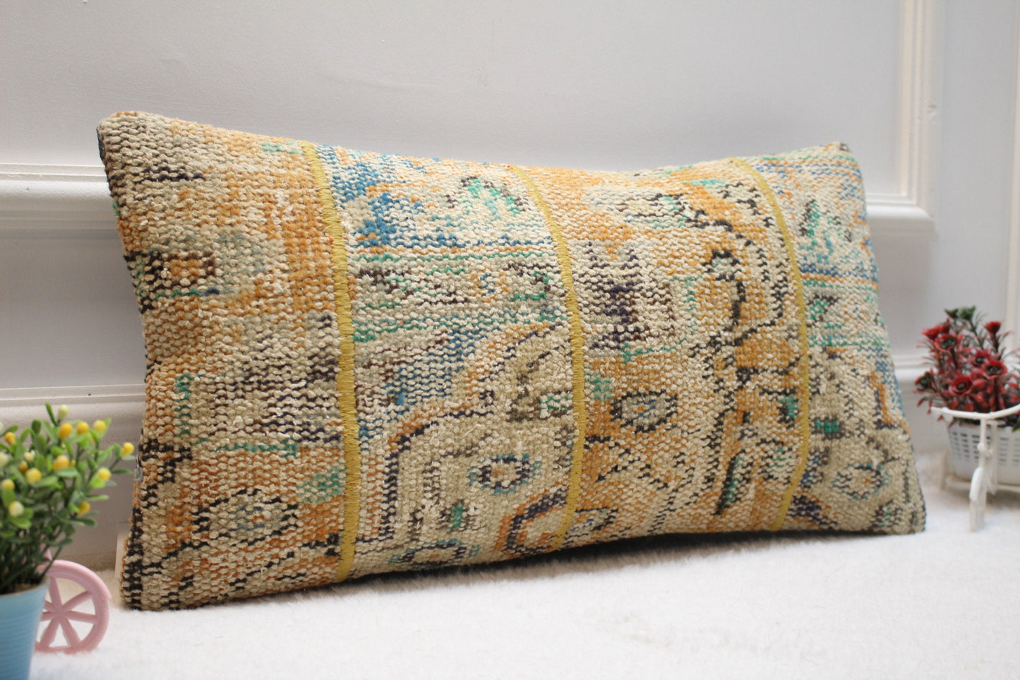 Floral Turkish Rug Pillow Cover: Handmade Wool Lumbar Pillow, 12x24 inc