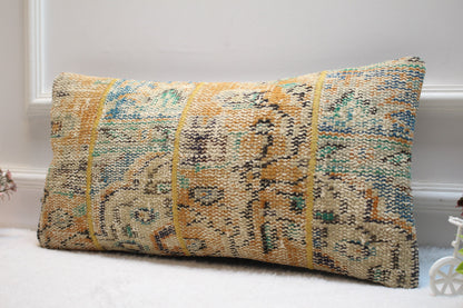 Floral Turkish Rug Pillow Cover: Handmade Wool Lumbar Pillow, 12x24 inc