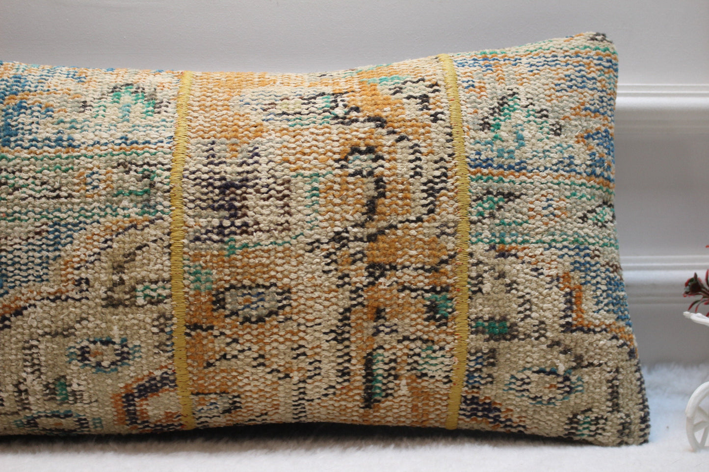 Floral Turkish Rug Pillow Cover: Handmade Wool Lumbar Pillow, 12x24 inc