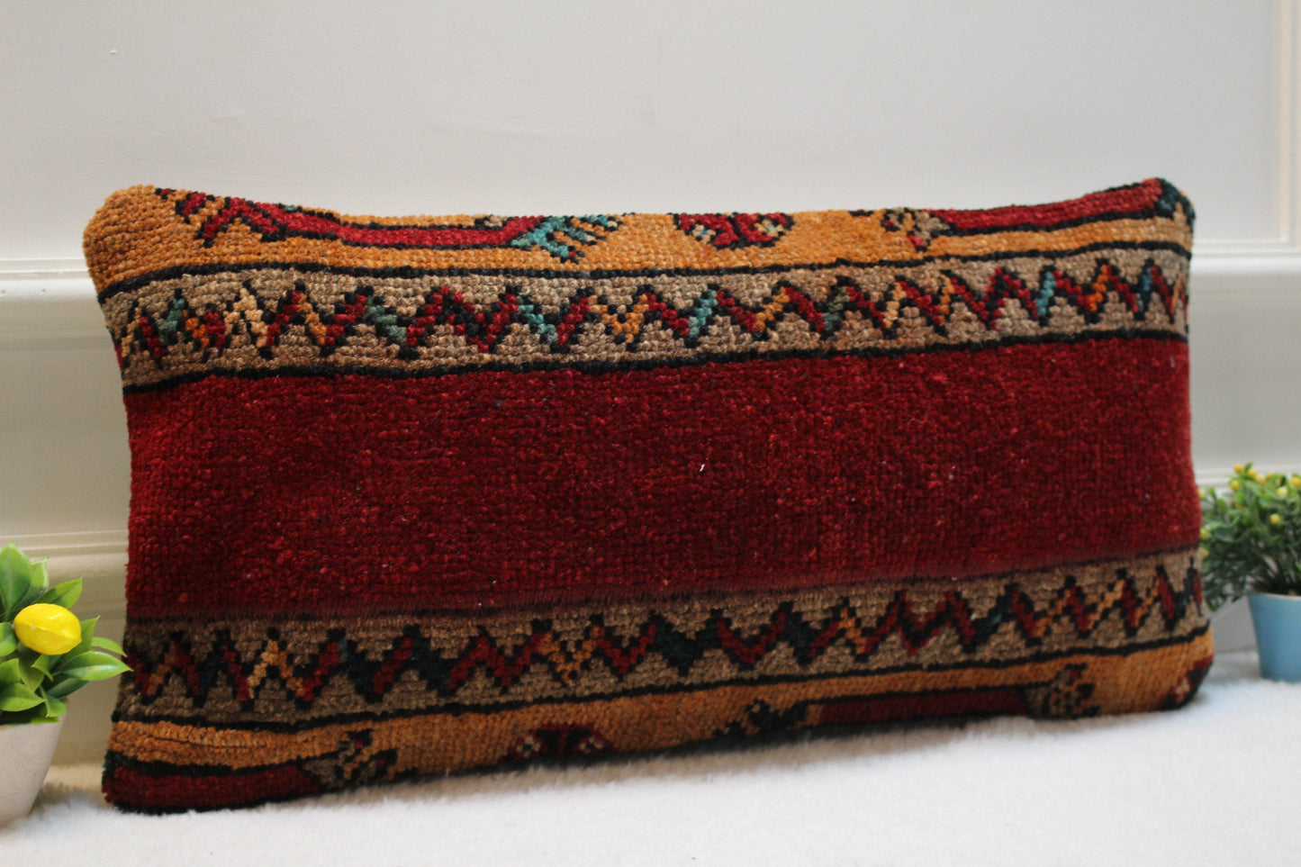 Handmade Red Wool Lumbar Pillow Cover: Turkish Kilim Rug, 12x24 inc