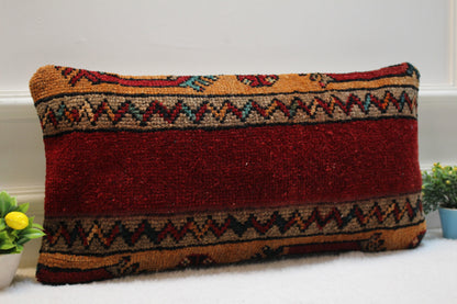 Handmade Red Wool Lumbar Pillow Cover: Turkish Kilim Rug, 12x24 inc