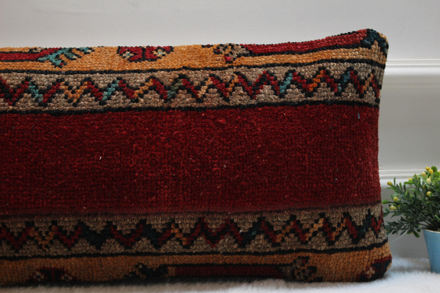 Handmade Red Wool Lumbar Pillow Cover: Turkish Kilim Rug, 12x24 inc