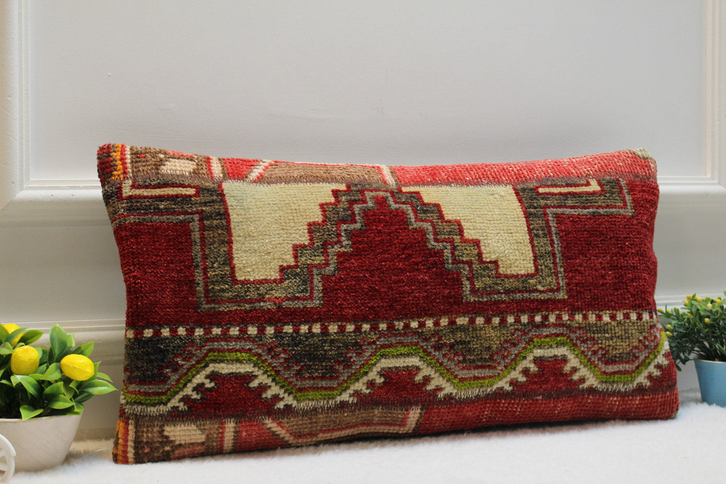 Handmade Kilim Lumbar Pillow Cover: Upcycled Woven Rug, Boho Home Decor (12x24 in)