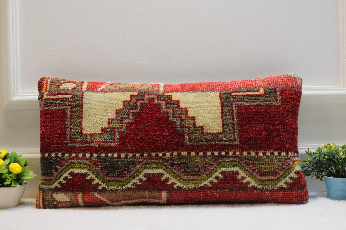 Handmade Kilim Lumbar Pillow Cover: Upcycled Woven Rug, Boho Home Decor (12x24 in)