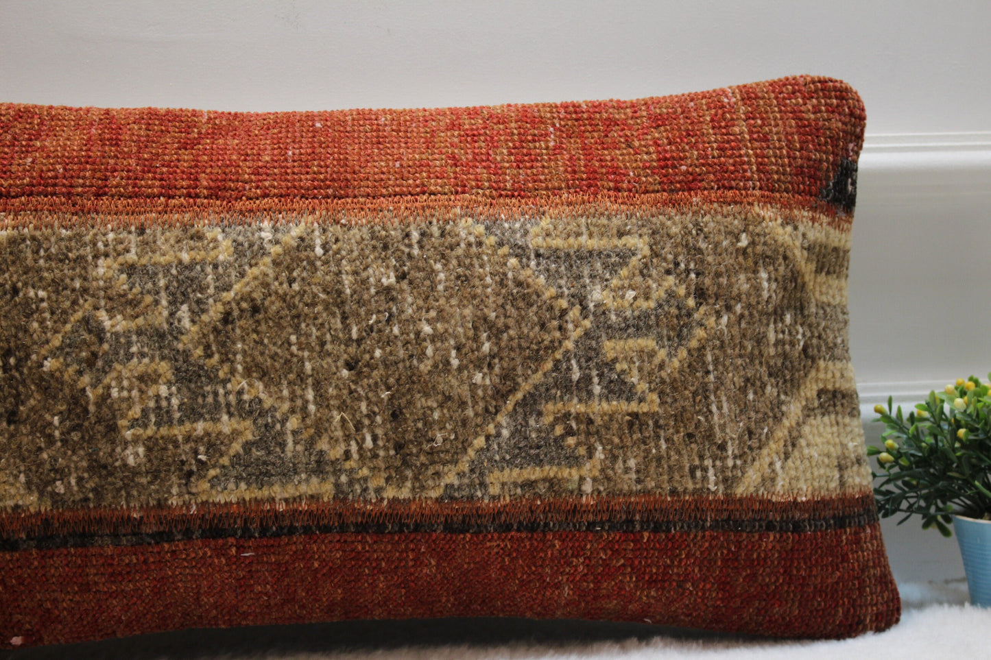 Handmade Lumbar Kilim Pillow Cover: Upcycled Turkish Rug, 12x24 inch