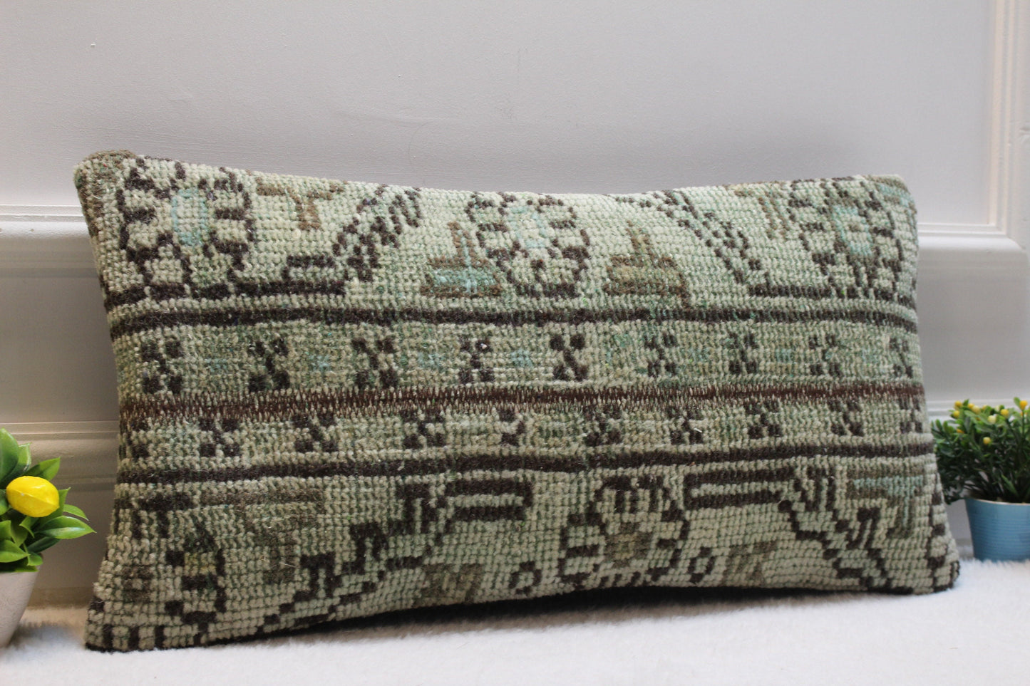 Handmade Kilim Lumbar Pillow Cover: Upcycled Turkish Rug, 12x24 inch