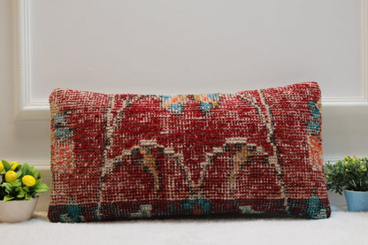 Handmade Turkish Rug Lumbar Pillow Cover: Red Organic Wool (12x24 in)