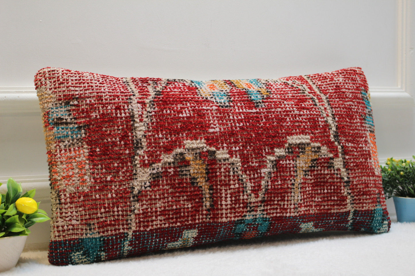 Handmade Turkish Rug Lumbar Pillow Cover: Red Organic Wool (12x24 in)