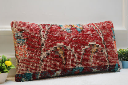Handmade Turkish Rug Lumbar Pillow Cover: Red Organic Wool (12x24 in)