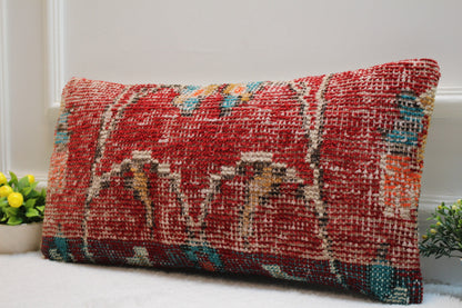 Handmade Turkish Rug Lumbar Pillow Cover: Red Organic Wool (12x24 in)