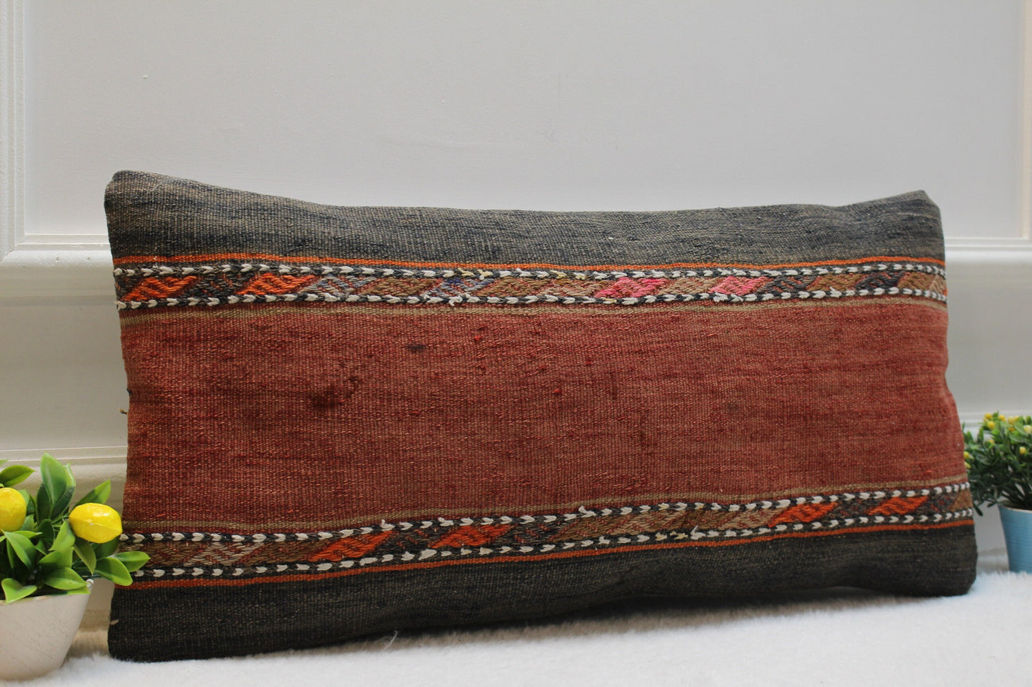 Handmade Kilim Lumbar Pillow Cover: Vintage Woven Wool, 12x24 inch